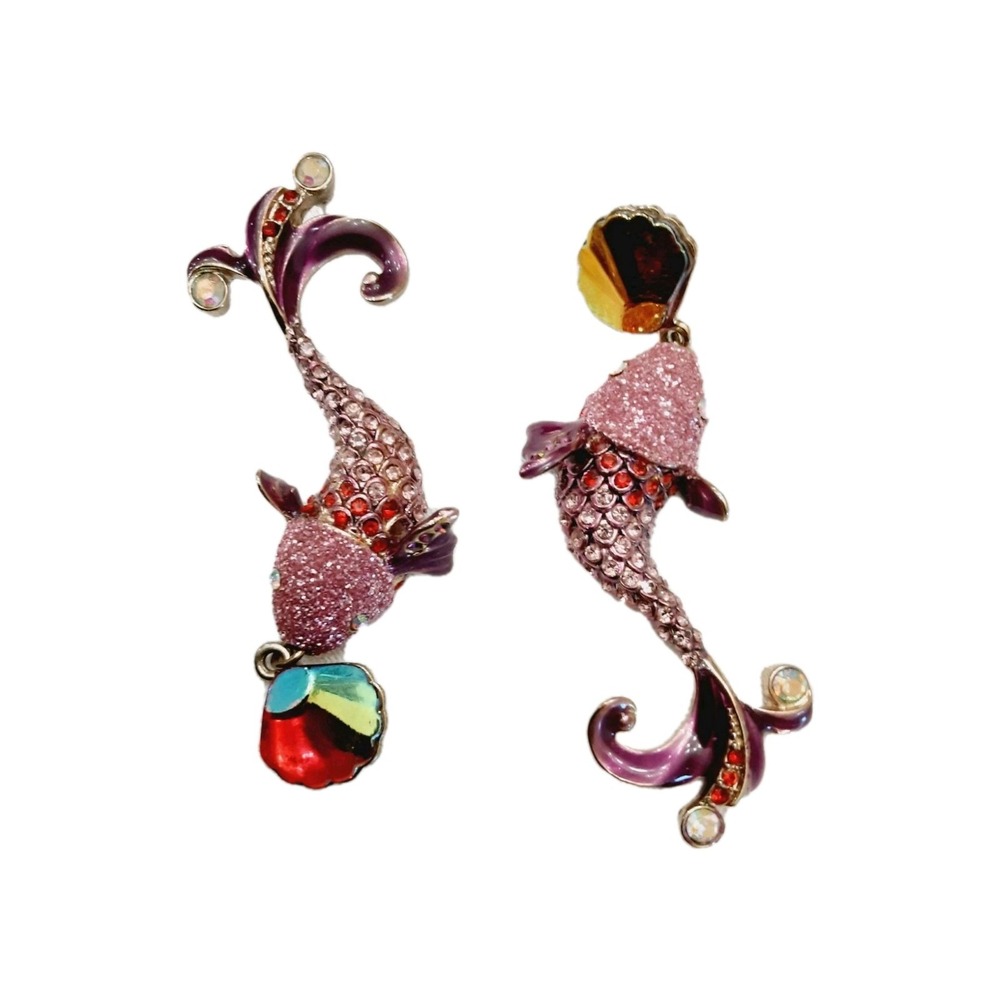 Betsey Johnson Earrings Pierced Enamel Rhinestone Pink Koi Fish Whimsical Shells